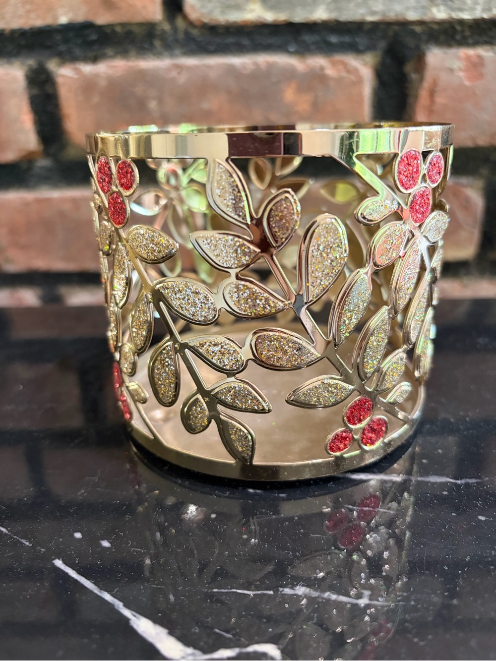 BBW Gold Leaf Cutout Votive Holder with Red Berry Accents